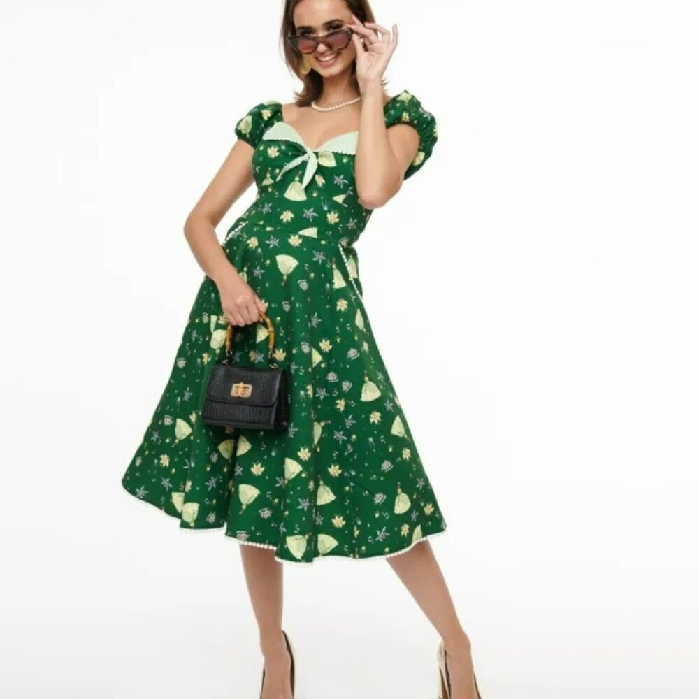 Unique Vintage Disney Princess Tiana Green Print Dress S